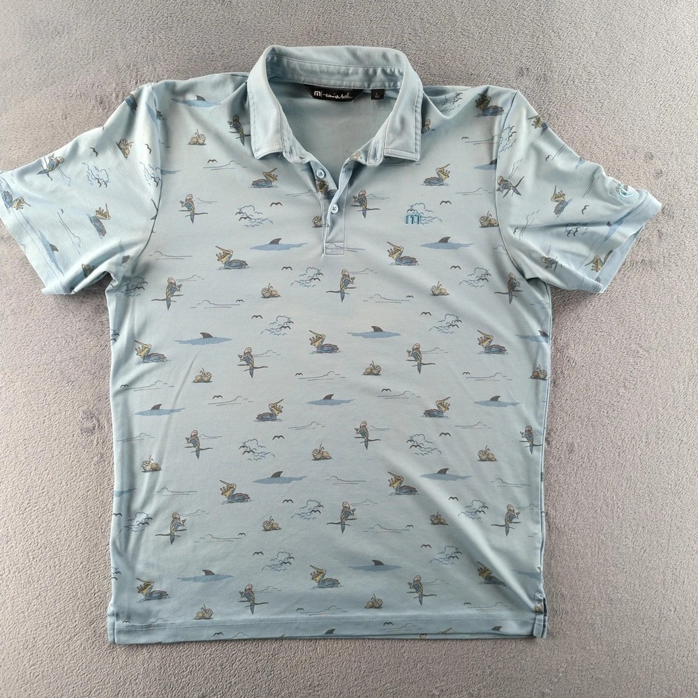 TravisMathew Polo Shirt Mens Large Blue Beach Graphic Print Golf Pima Cotton